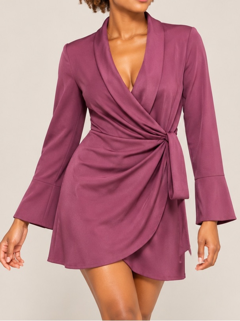 Mango Plum Wrap-Front Long Sleeve Mini Dress
